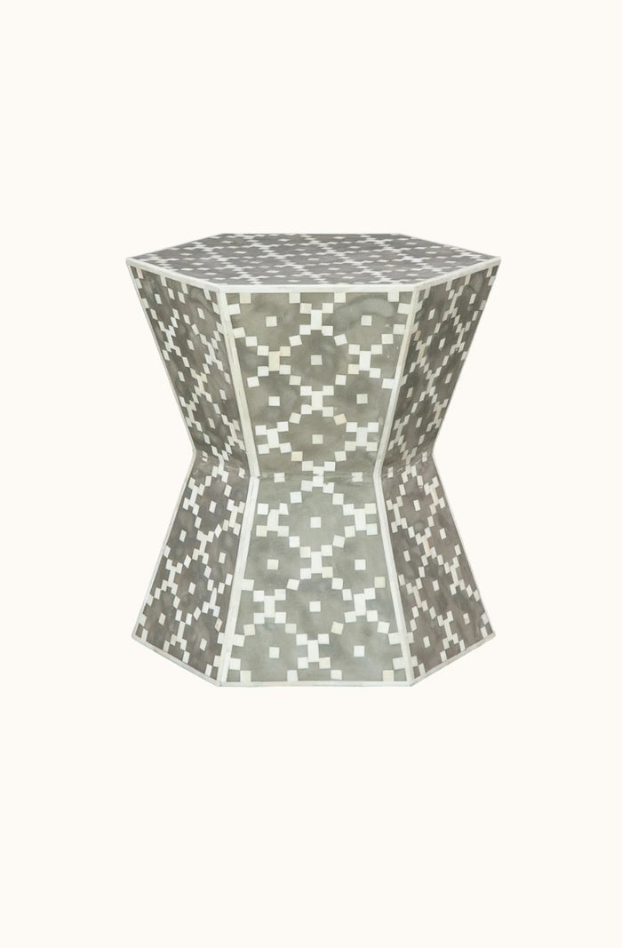 Diamond Bone Inlay Stool - Grey and Ivory