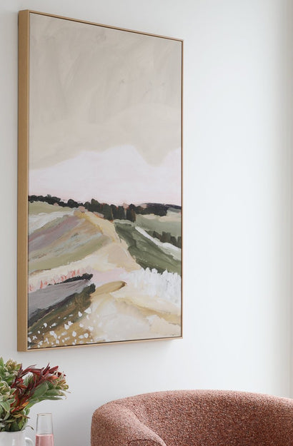 Over The Meadow Green Framed Canvas